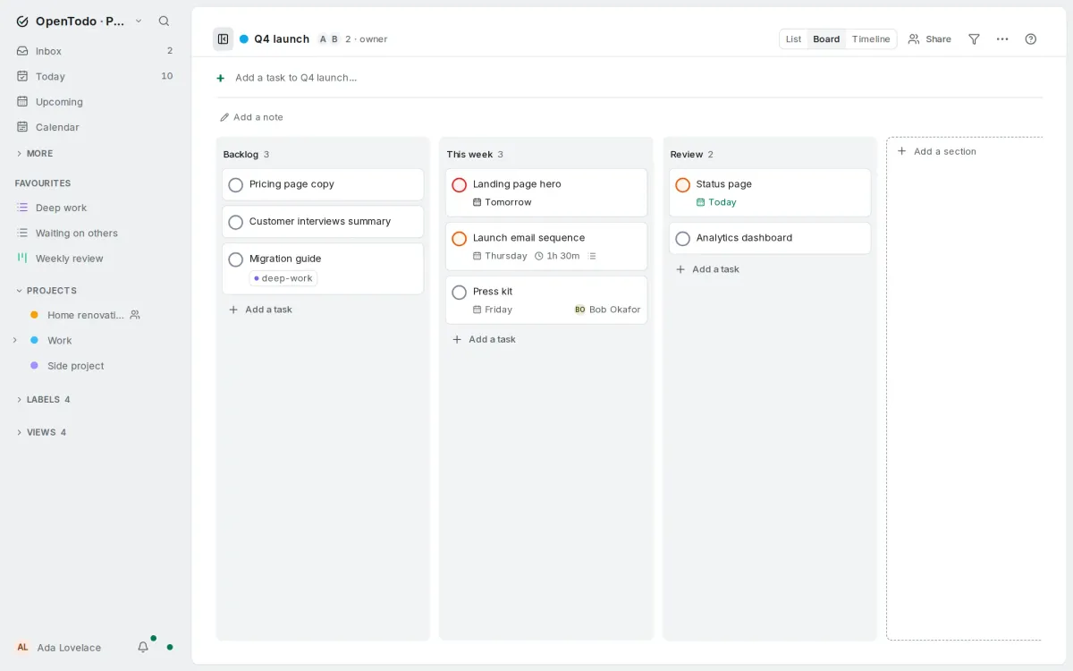A shared project as a board with Backlog, This week and Review columns.