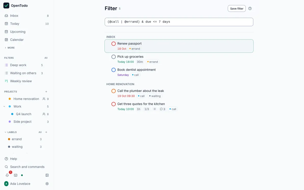 OpenTodo: Save a filter as a view in the sidebar