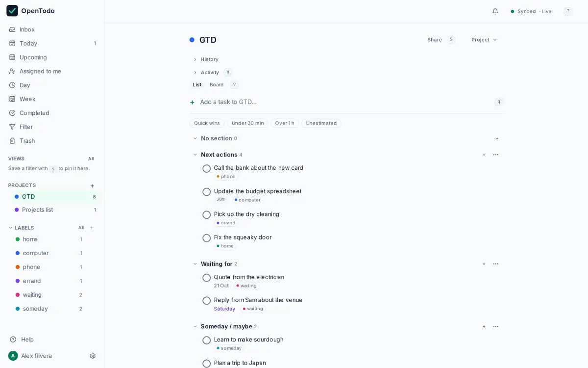 The Getting Things Done setup template imported into OpenTodo