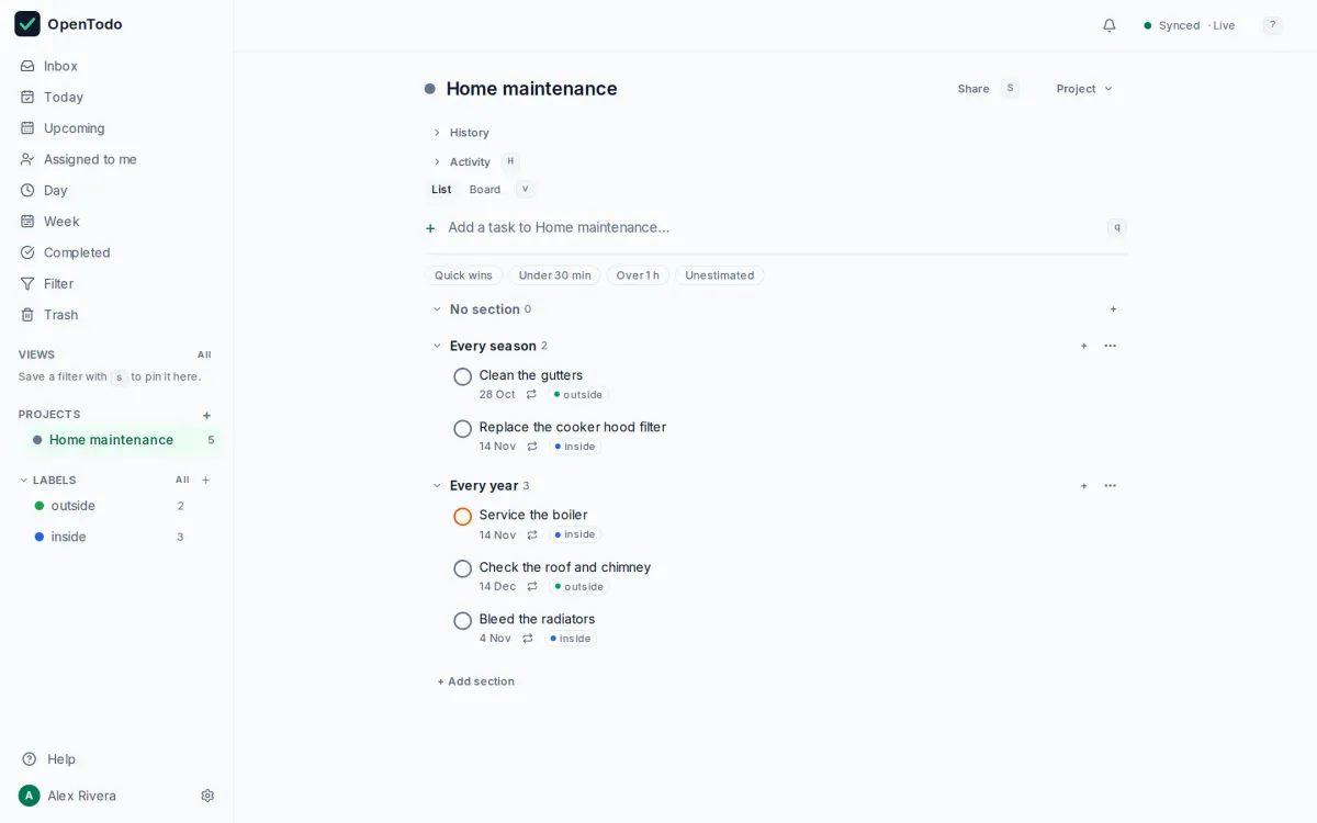 The Home maintenance template imported into OpenTodo