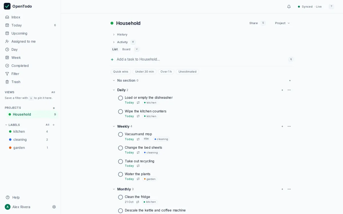 The Household chores template imported into OpenTodo