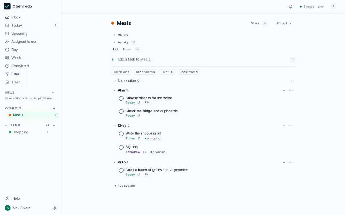 The Meal planning template imported into OpenTodo