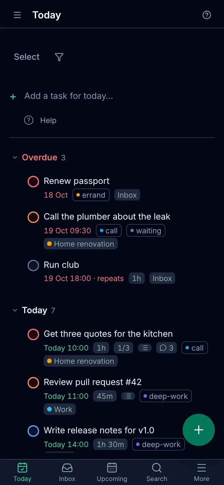 OpenTodo: Today view on a phone in dark mode