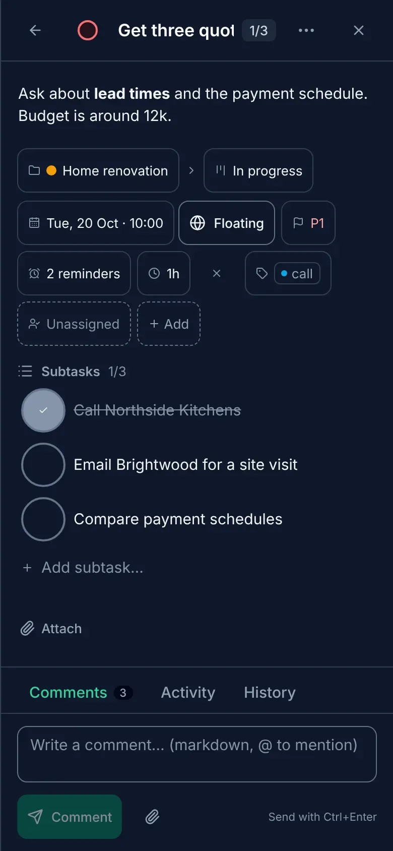 OpenTodo: task detail panel on a phone