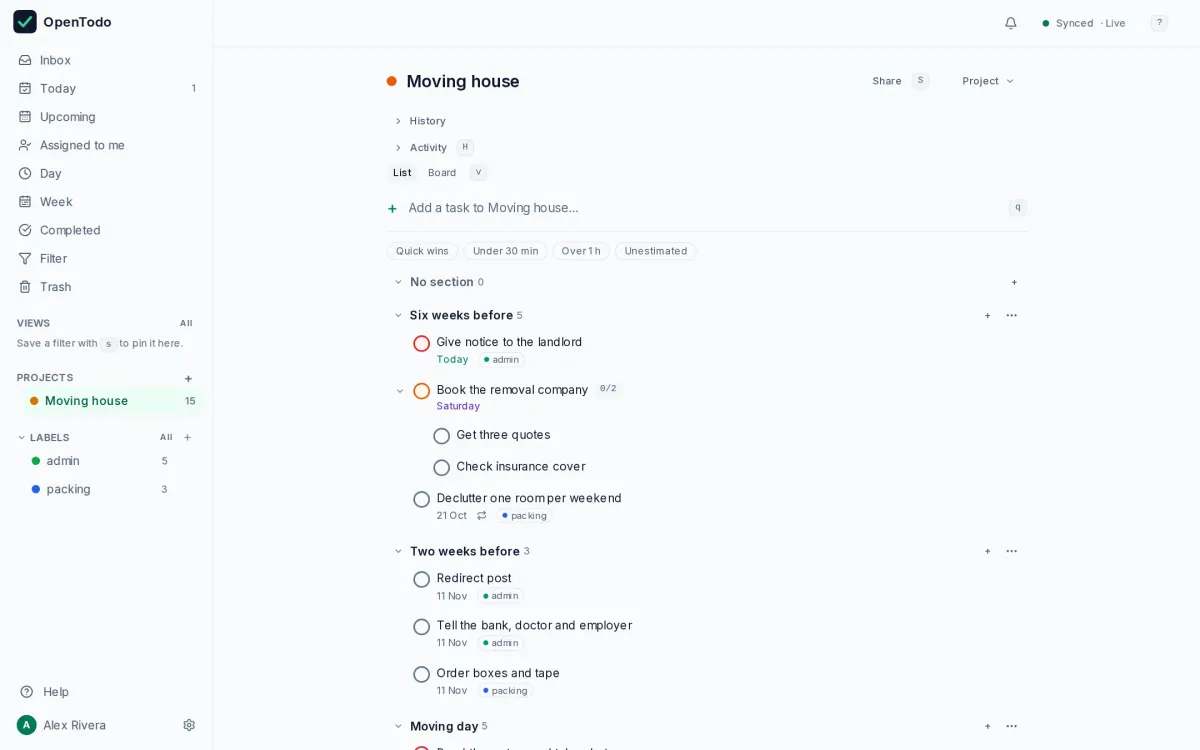 The Moving house template imported into OpenTodo