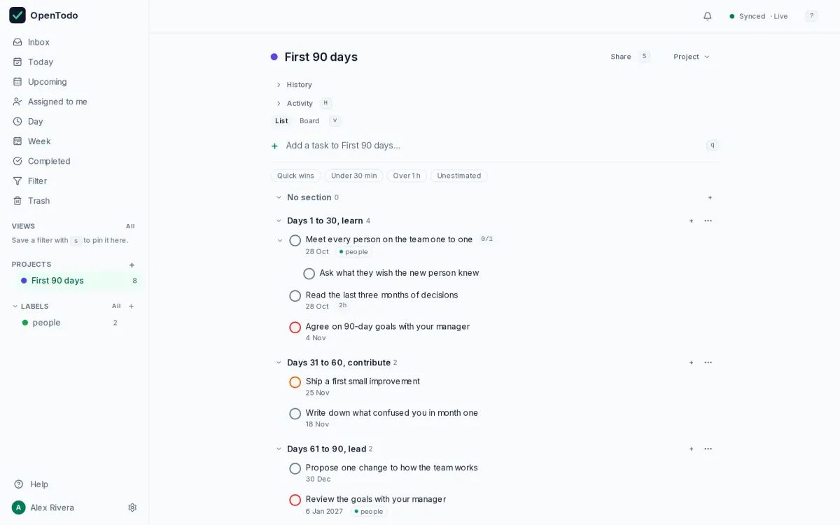 The First 90 days in a new job template imported into OpenTodo