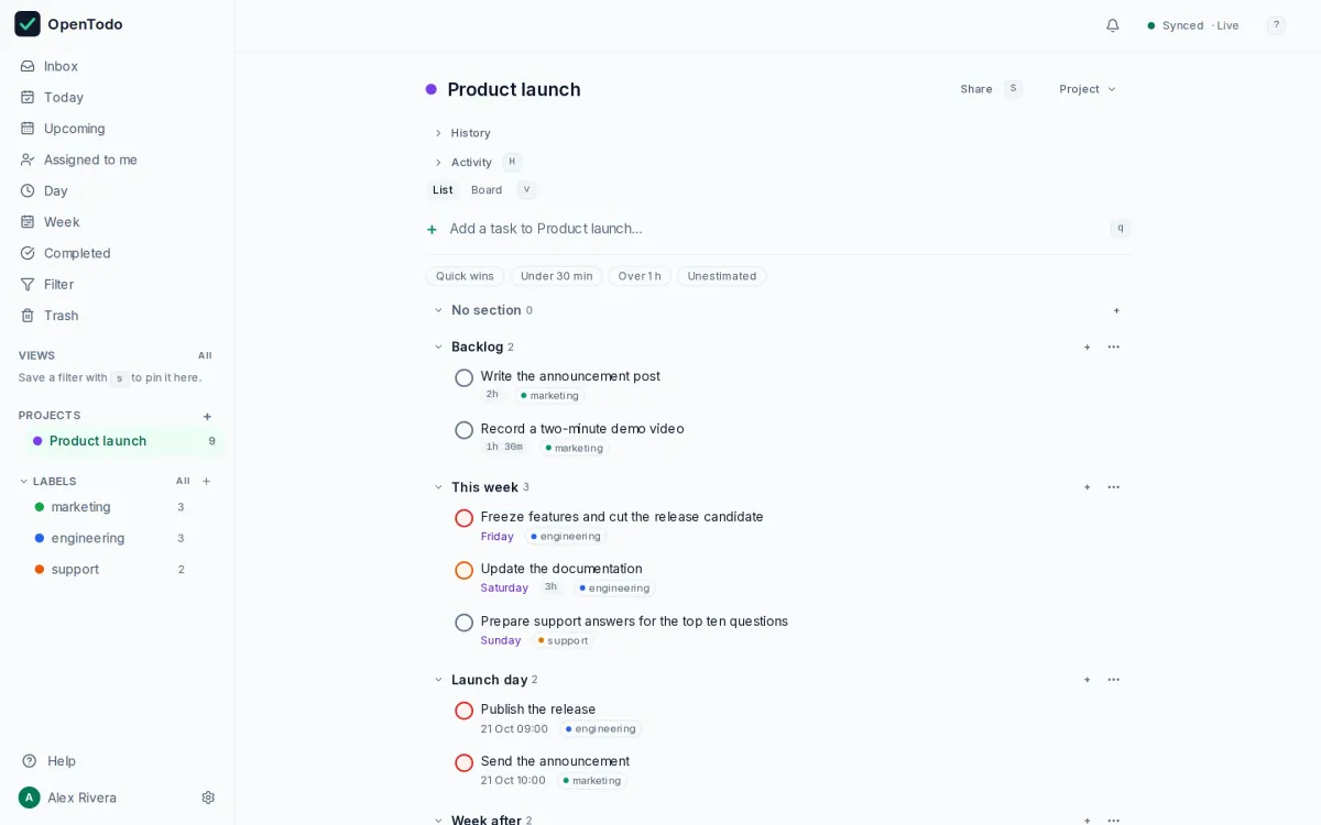 The Product launch template imported into OpenTodo