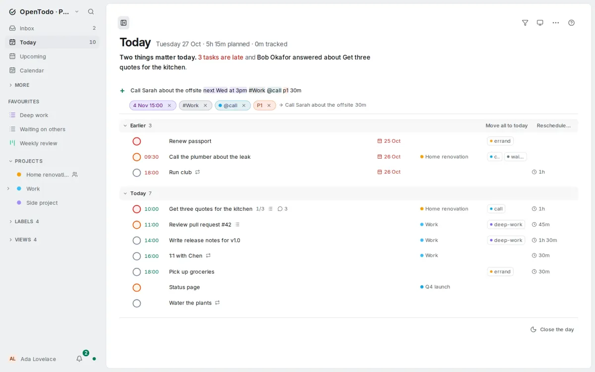 Quick add listing the date, project, label and priority it understood in a typed line.