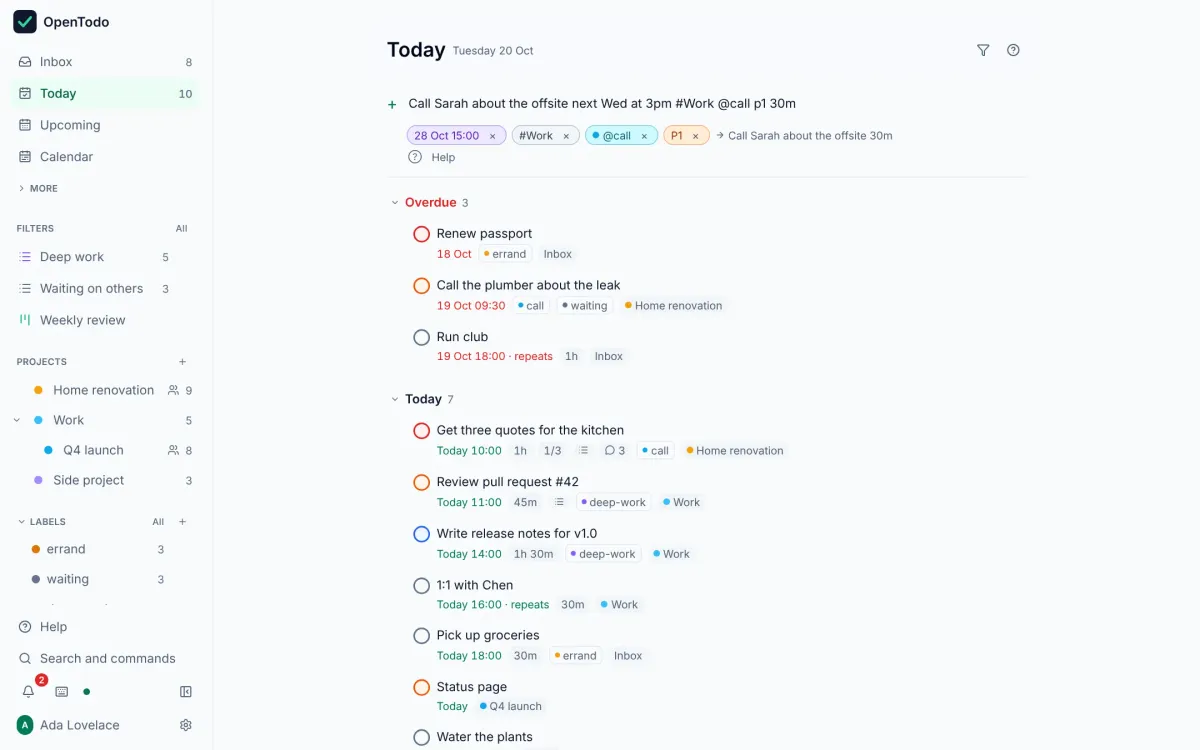 OpenTodo: Add a task with its date, project and label in one line