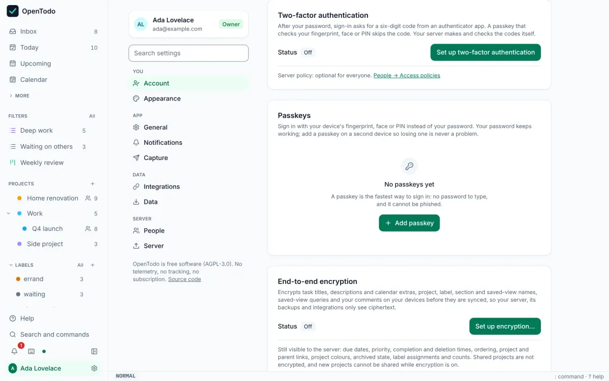 OpenTodo: Secure your account with a passkey or two-factor authentication