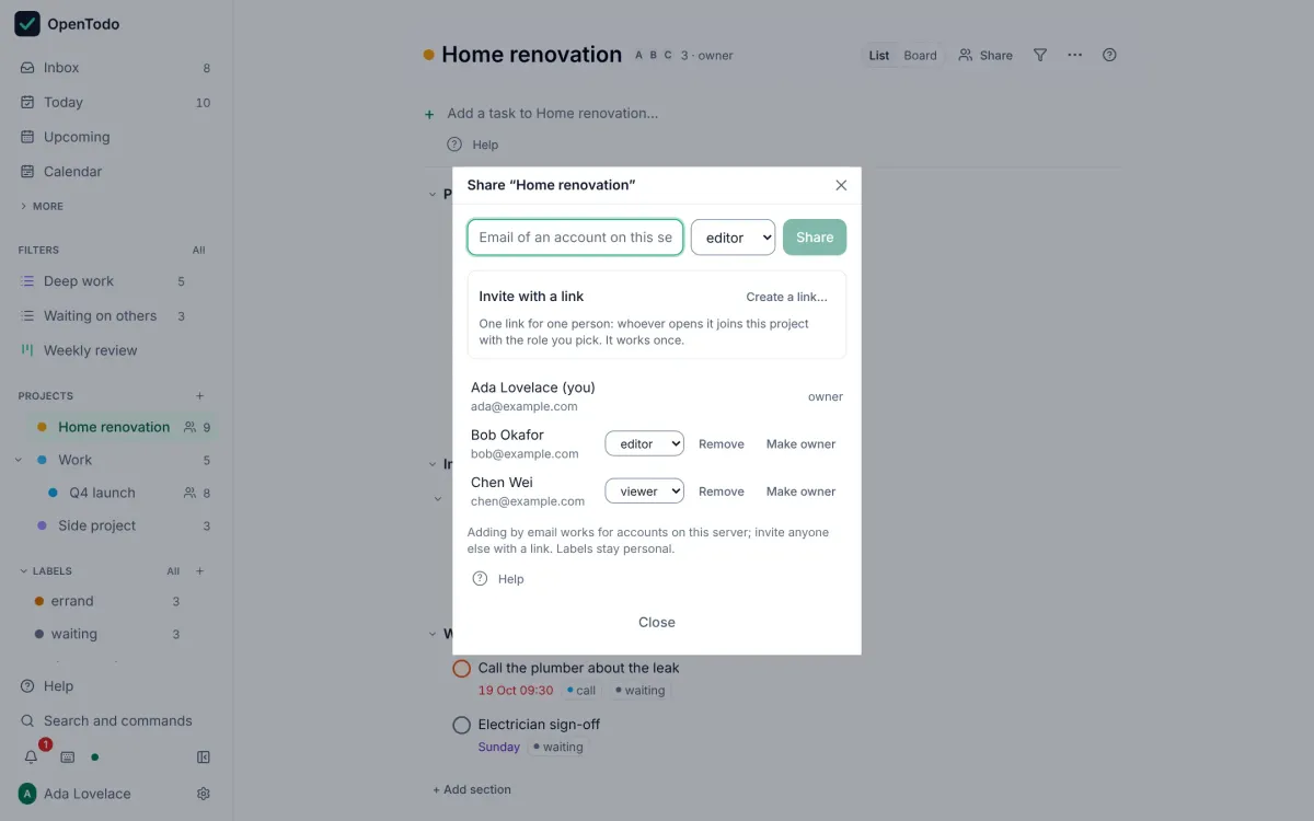 OpenTodo: Share a project with your partner or your team