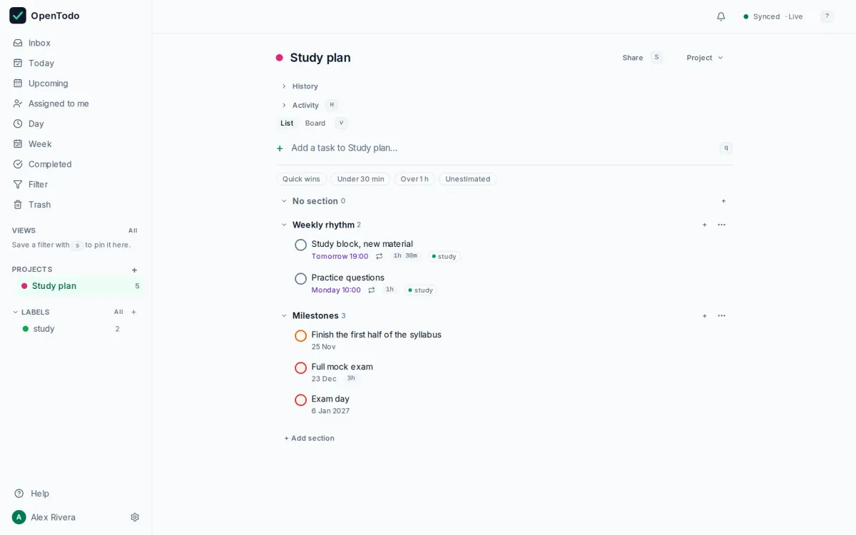 The Study plan template imported into OpenTodo