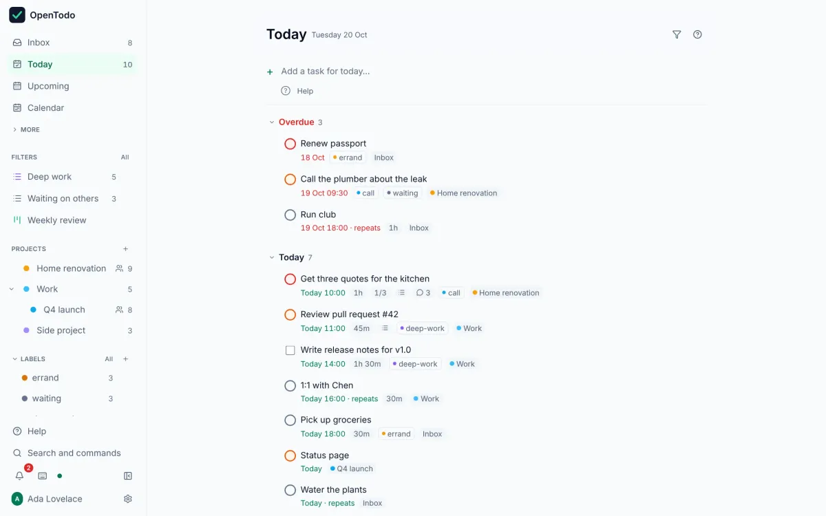 OpenTodo: the Today view with overdue and today's tasks, projects and saved views in the sidebar