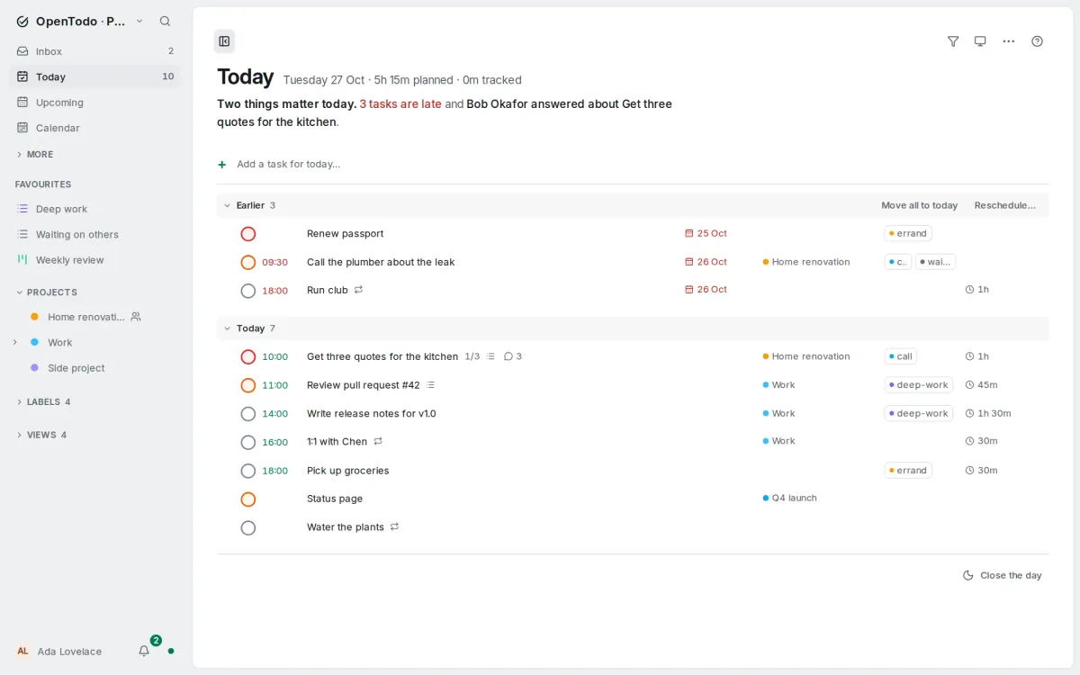 OpenTodo's Today: the sentence about the day under the title, then the tasks in one line each with their dates, projects and labels in aligned columns.