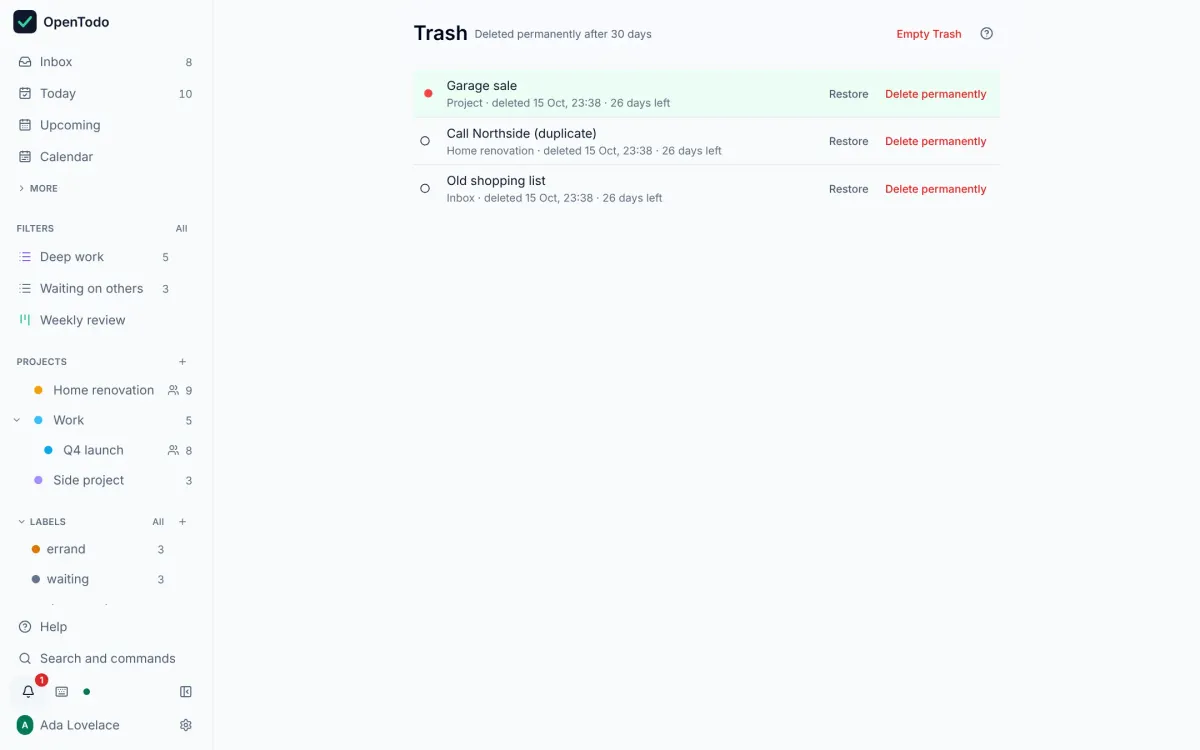 OpenTodo: Restore something you deleted