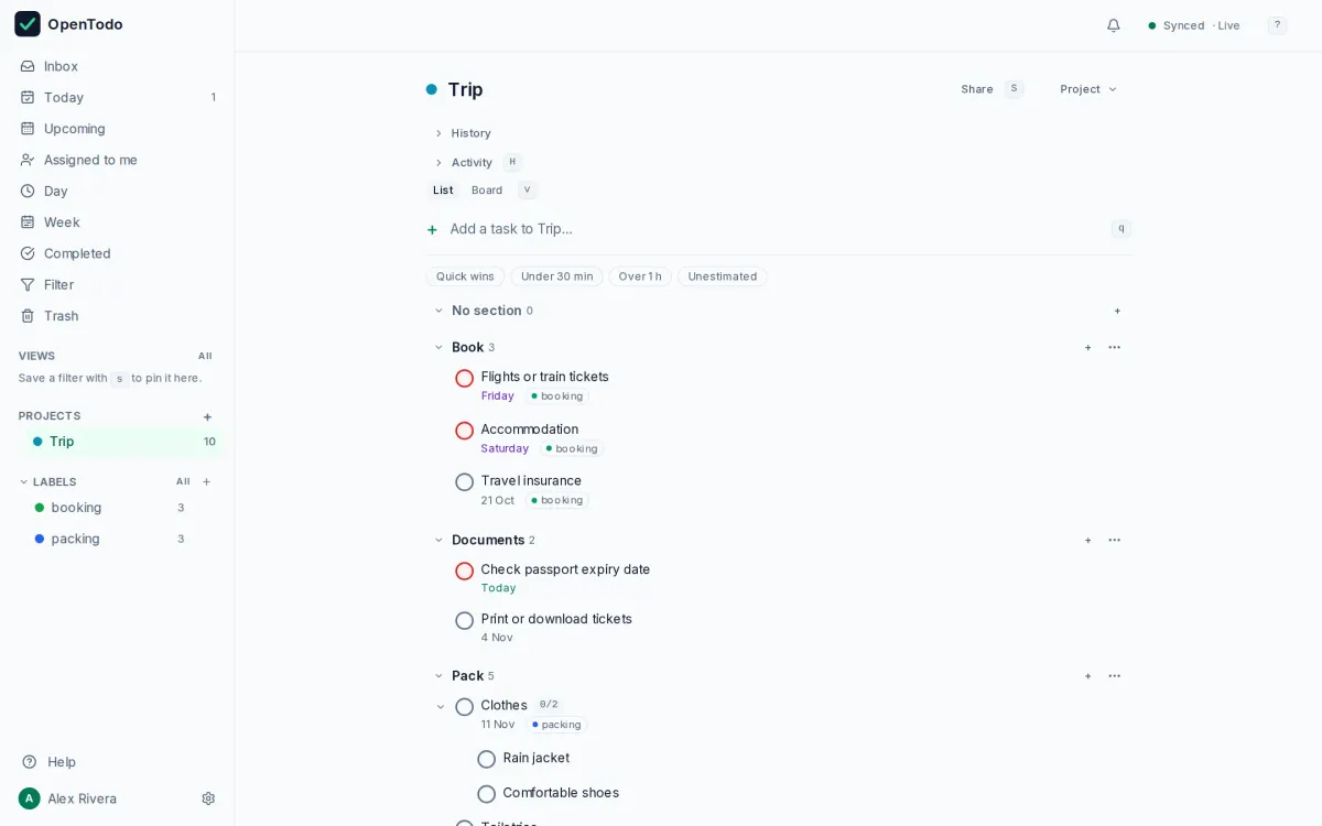 The Trip planning template imported into OpenTodo
