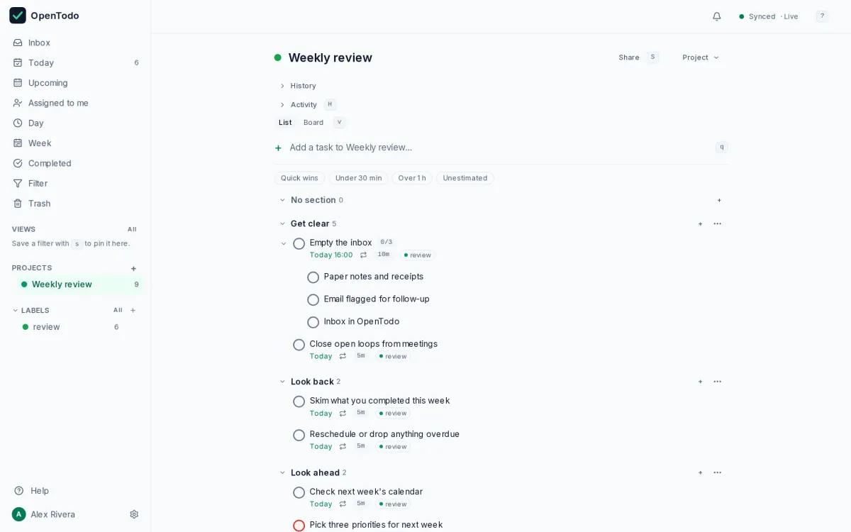 The Weekly review template imported into OpenTodo