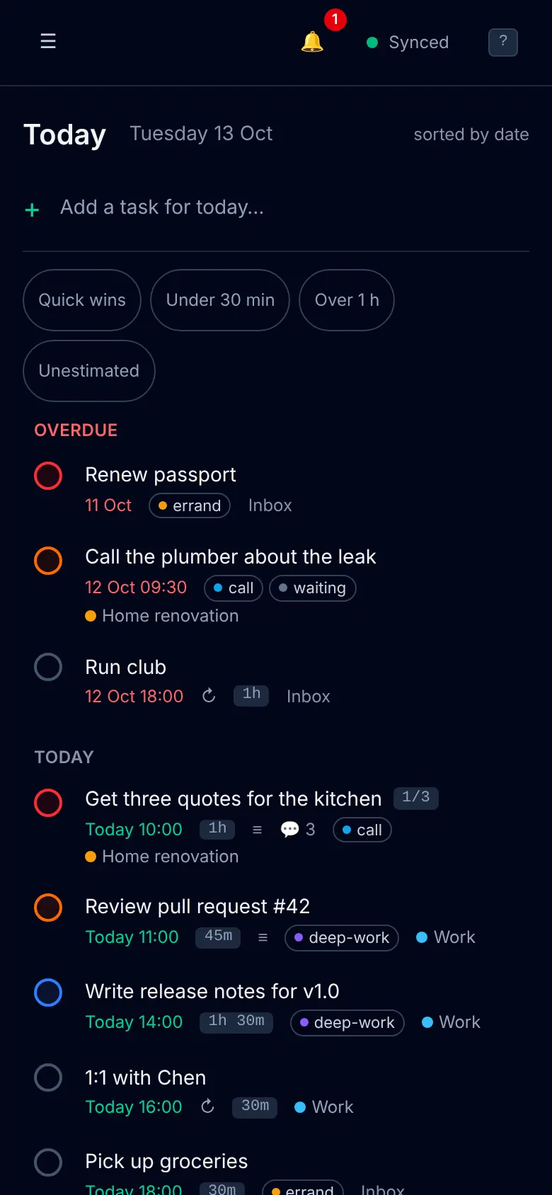 Today view on a phone in dark mode