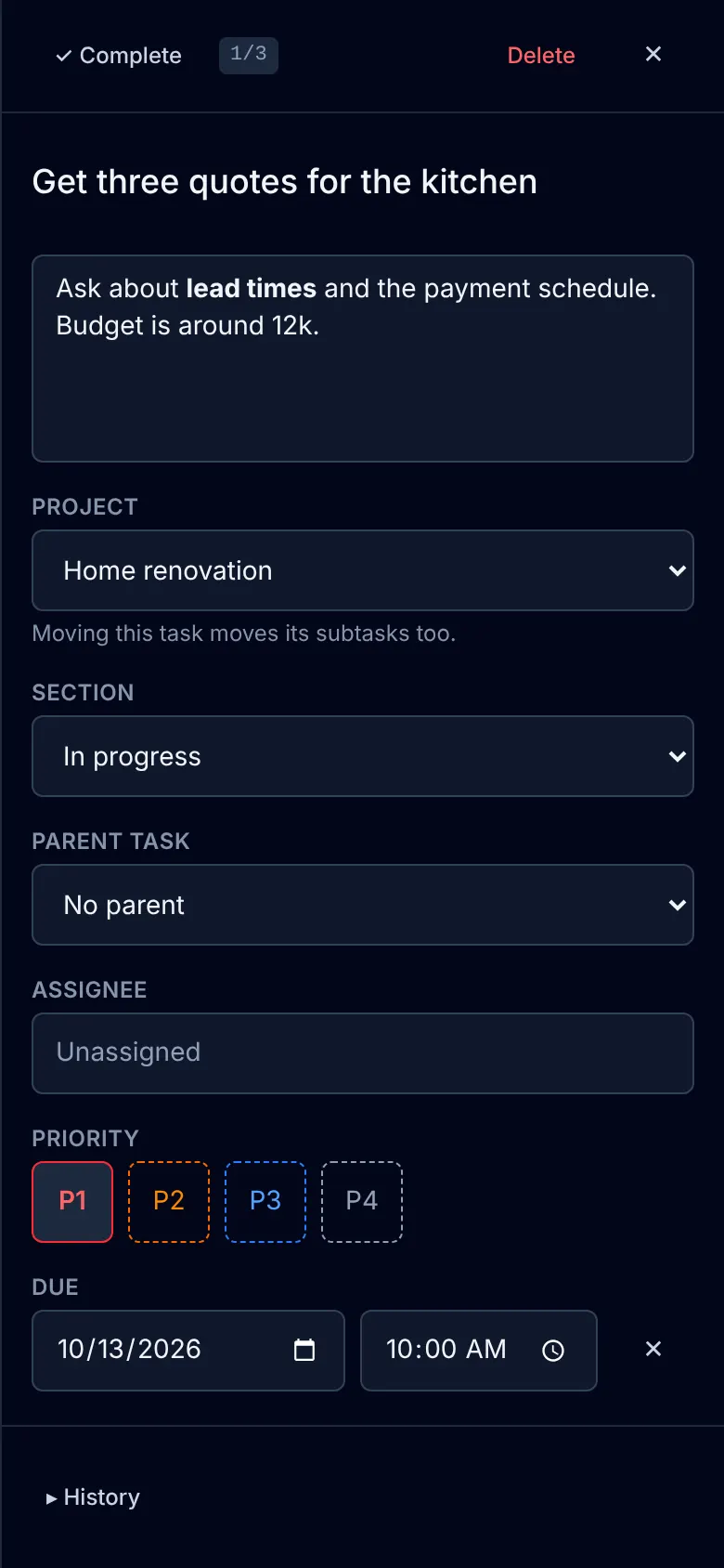 Task detail panel on a phone