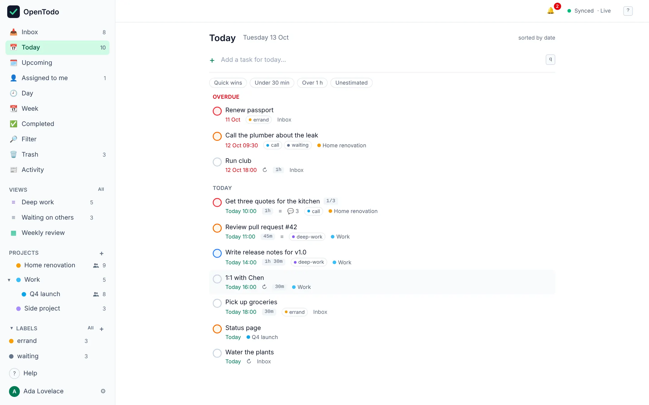 Today view: an Overdue group above today's tasks with times, estimates, labels and projects
