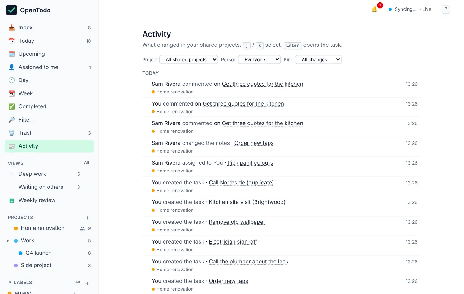 The Activity feed listing recent changes by Sam Rivera and you in the Home renovation project.