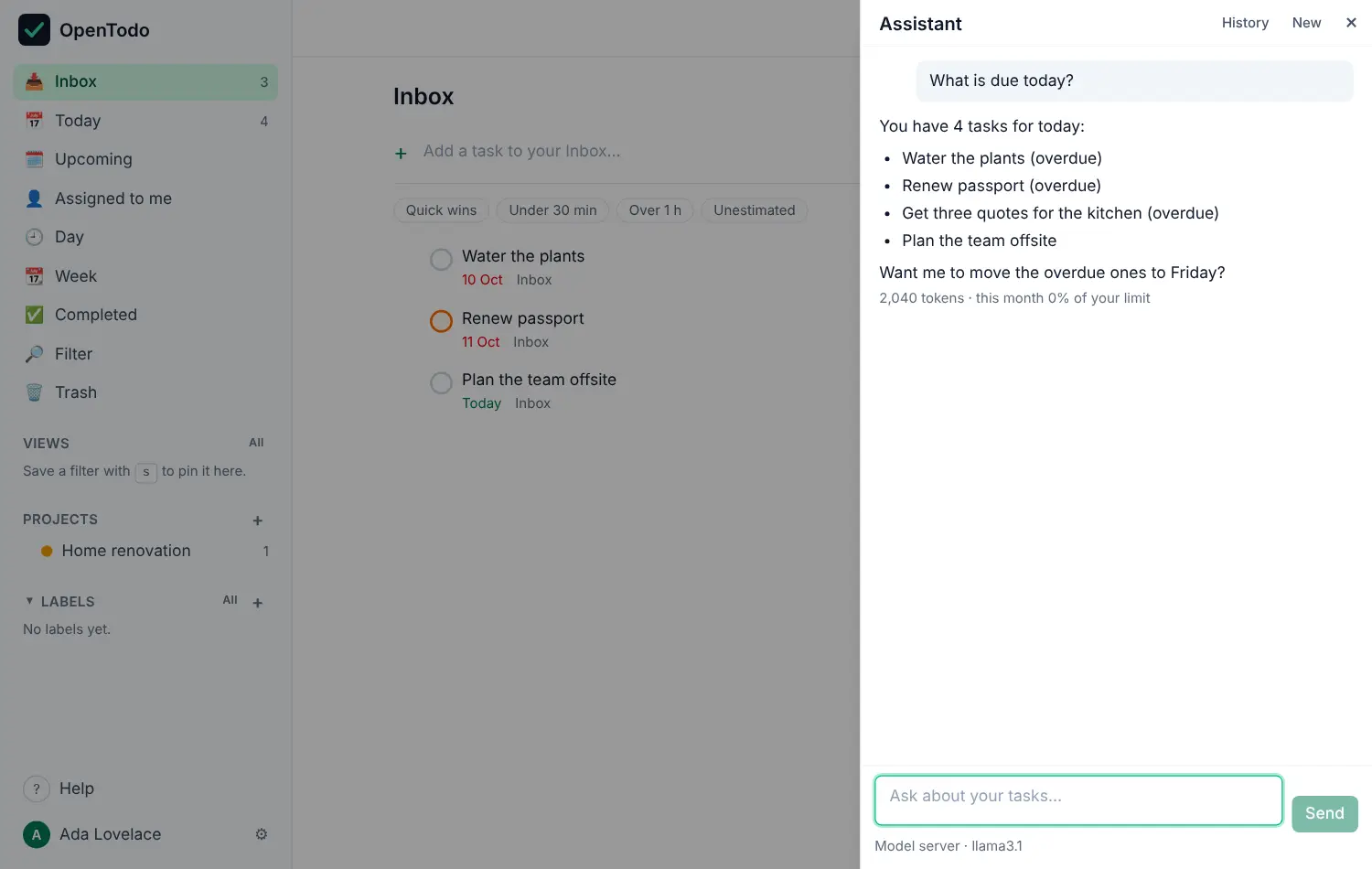 The assistant panel on the right of the Inbox. The question What is due today? is answered with a list of four tasks, three of them overdue, and a token count under the answer.