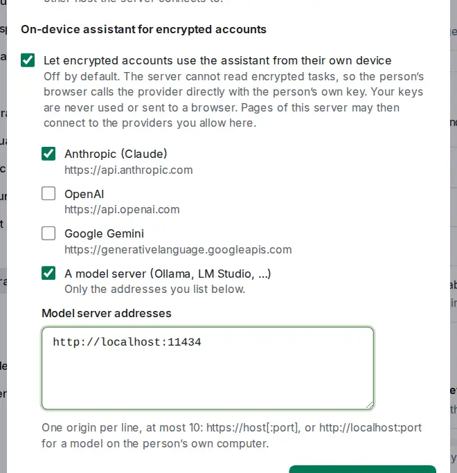 The owner's assistant configuration, group On-device assistant for encrypted accounts: the switch is on, Anthropic and a model server are allowed, with http://localhost:11434 as the model server address.