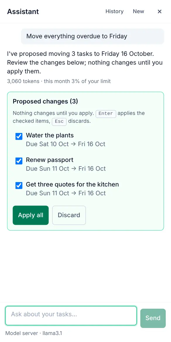 On a phone the assistant fills the screen: the proposal with its checkboxes and buttons, and the message box at the bottom.