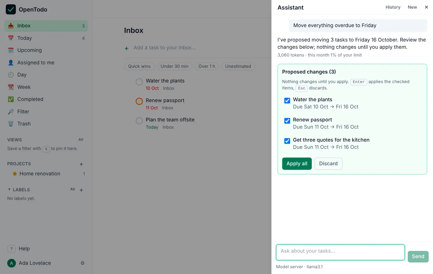 The answer I've proposed moving 3 tasks to Friday, followed by a Proposed changes box listing Water the plants, Renew passport and Get three quotes for the kitchen, each with its old and new due date, a checkbox, and the buttons Apply all and Discard.