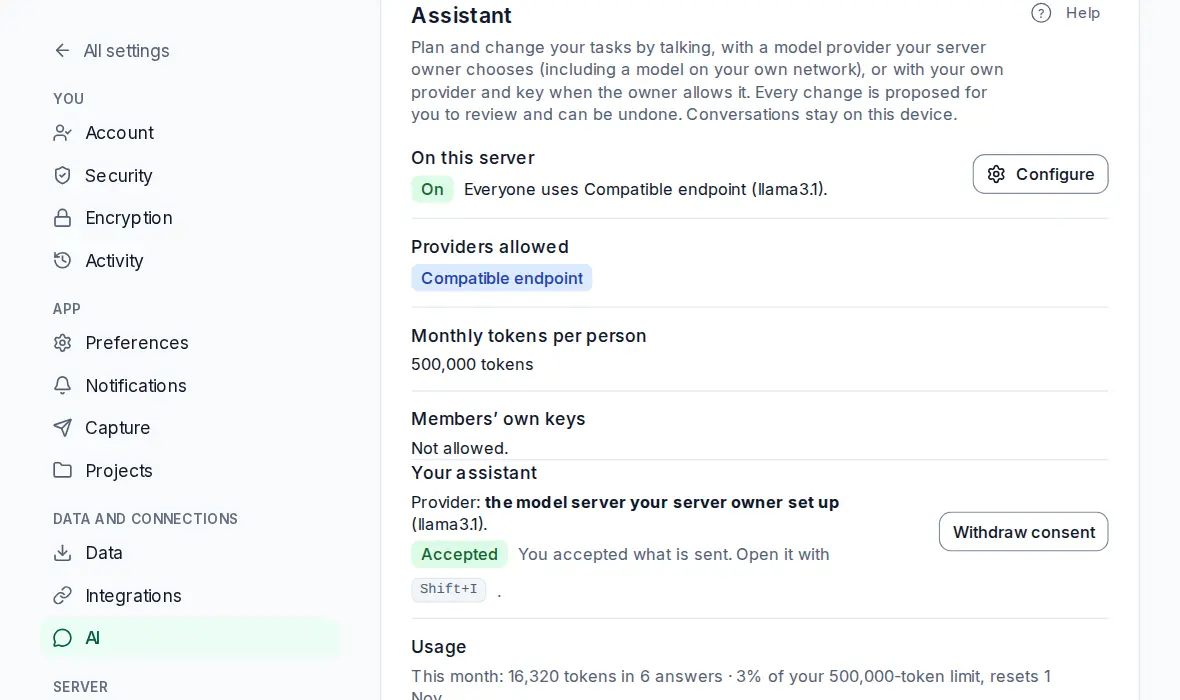 Settings, Integrations, the Assistant card: the provider and model in use, this month's usage, and the switch Apply small changes without review.