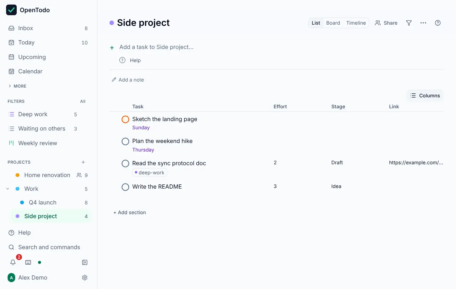 The Side project list in the columns layout, with the columns Effort, Stage and Link next to each task.