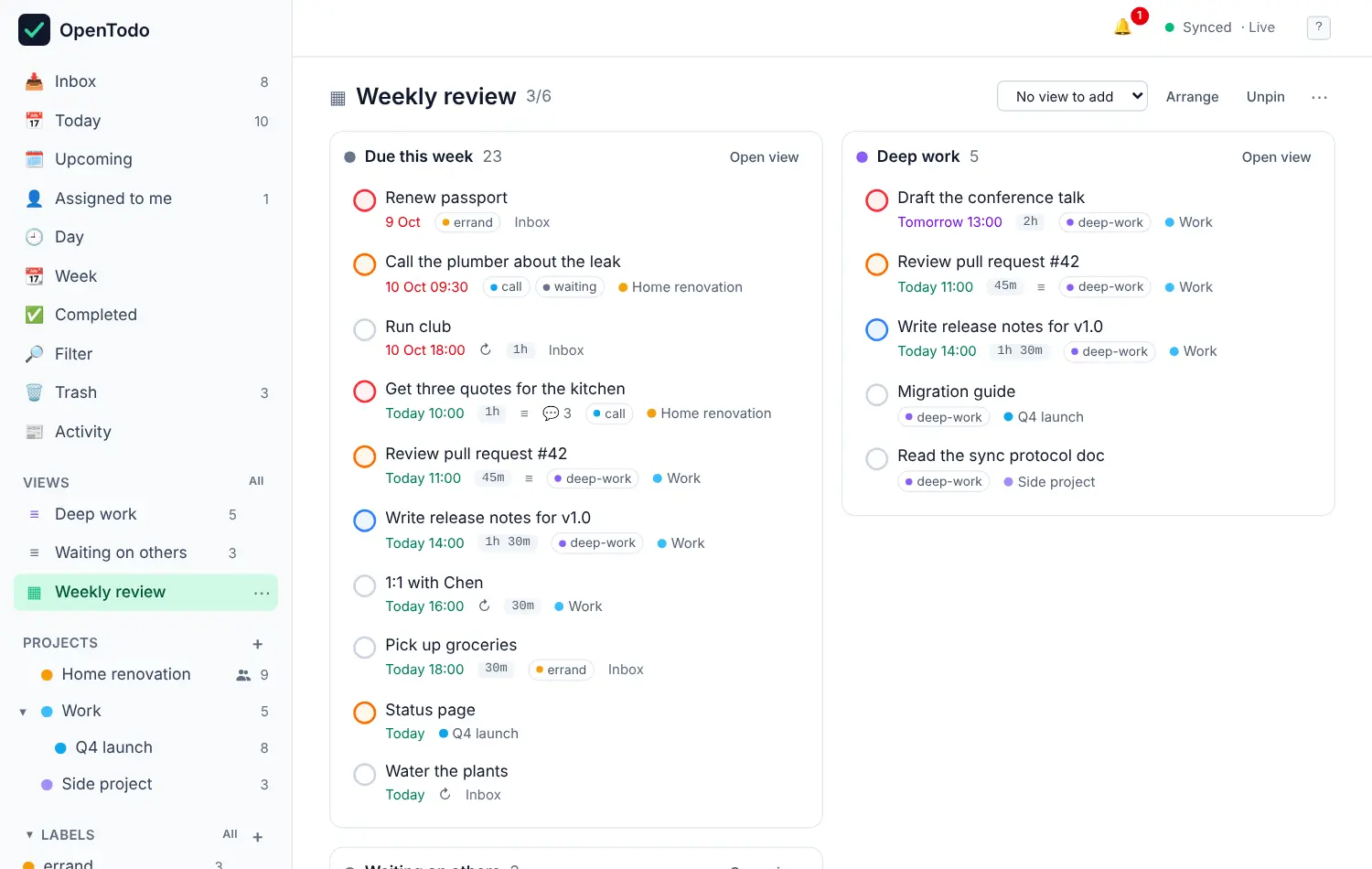The Weekly review dashboard with three panels: Due this week, Deep work and Waiting on others.