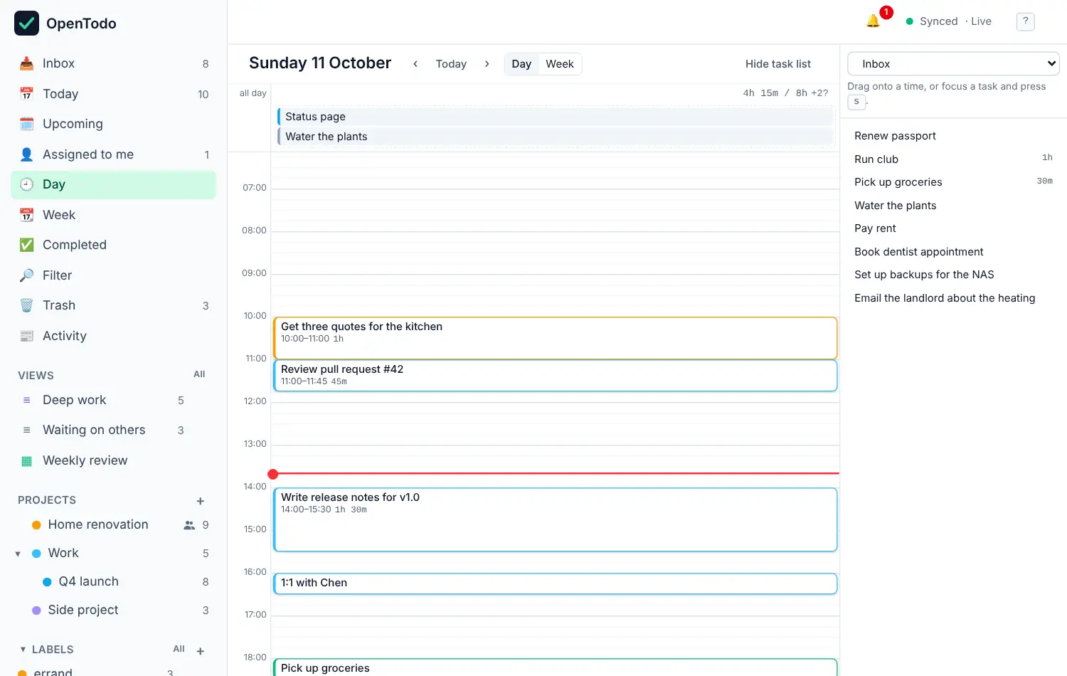 The Day calendar with the day's tasks as blocks between morning and evening.