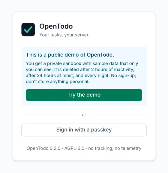 The demo sign-in card with a short explanation and a green Try the demo button.