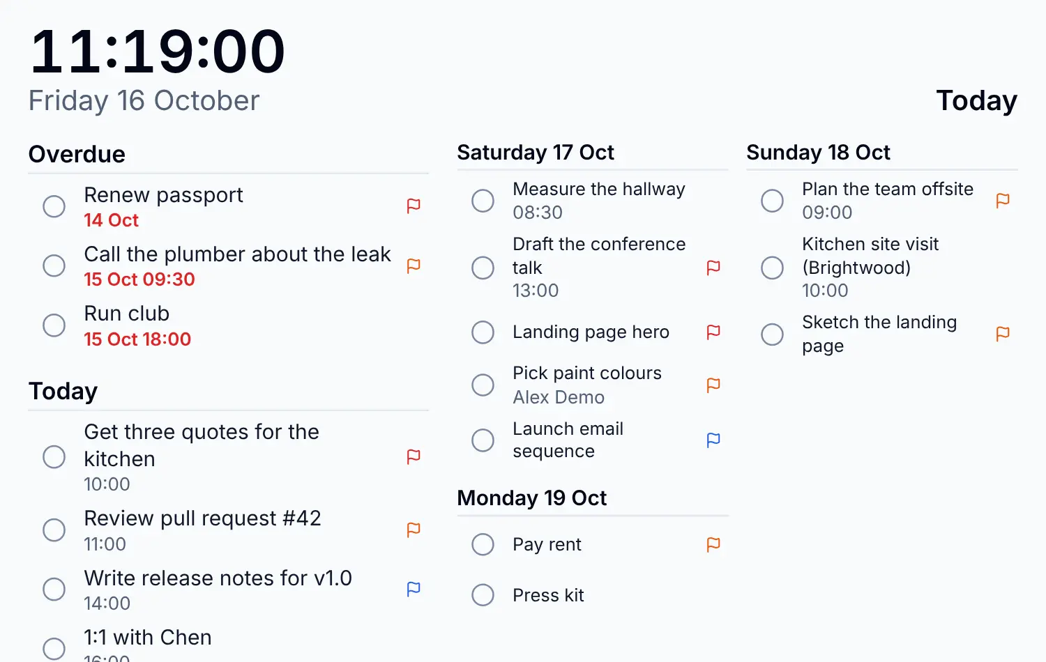 Today in display mode: a large clock and date, the Overdue, Today and Done today groups in large type, and columns for the next three days, with no sidebar or menus.