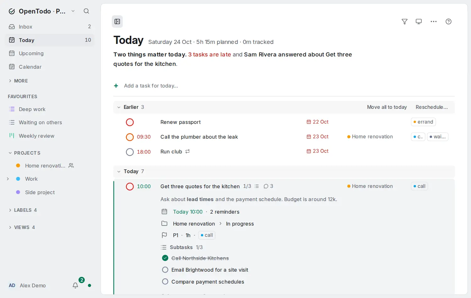 Today with the task Get three quotes for the kitchen expanded: its notes, its date and reminders, project and section, priority, estimate and label and three subtasks with one ticked, indented under the title.