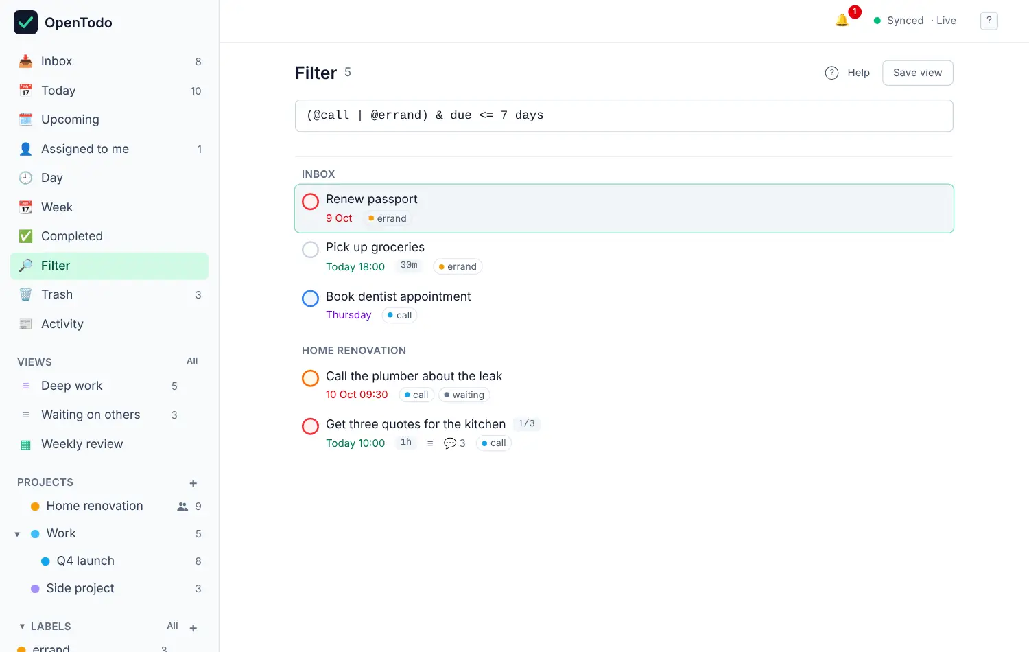 The Filter view with the query (@call | @errand) & due <= 7 days and the matching tasks below.