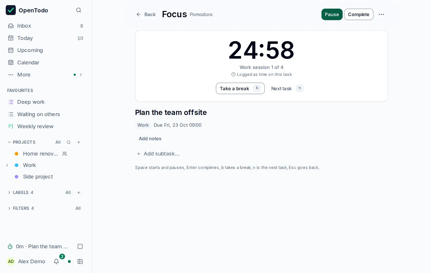 The Focus screen: one task of the sample data with a large timer at 24:58, Work session 1 of 4, Logged as time on this task, and buttons for Back, Pause, Complete, Take a break and Next task.