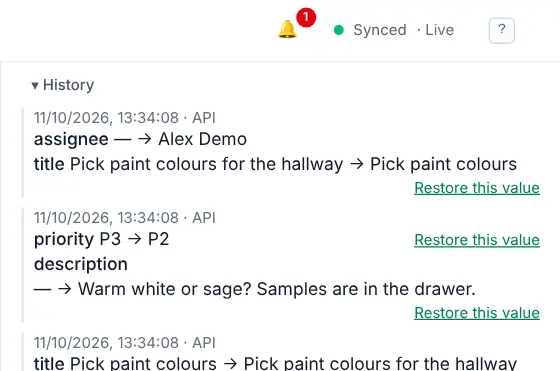 The History list of a task, showing changes to its description, assignee, title and priority, each with a Restore this value link.