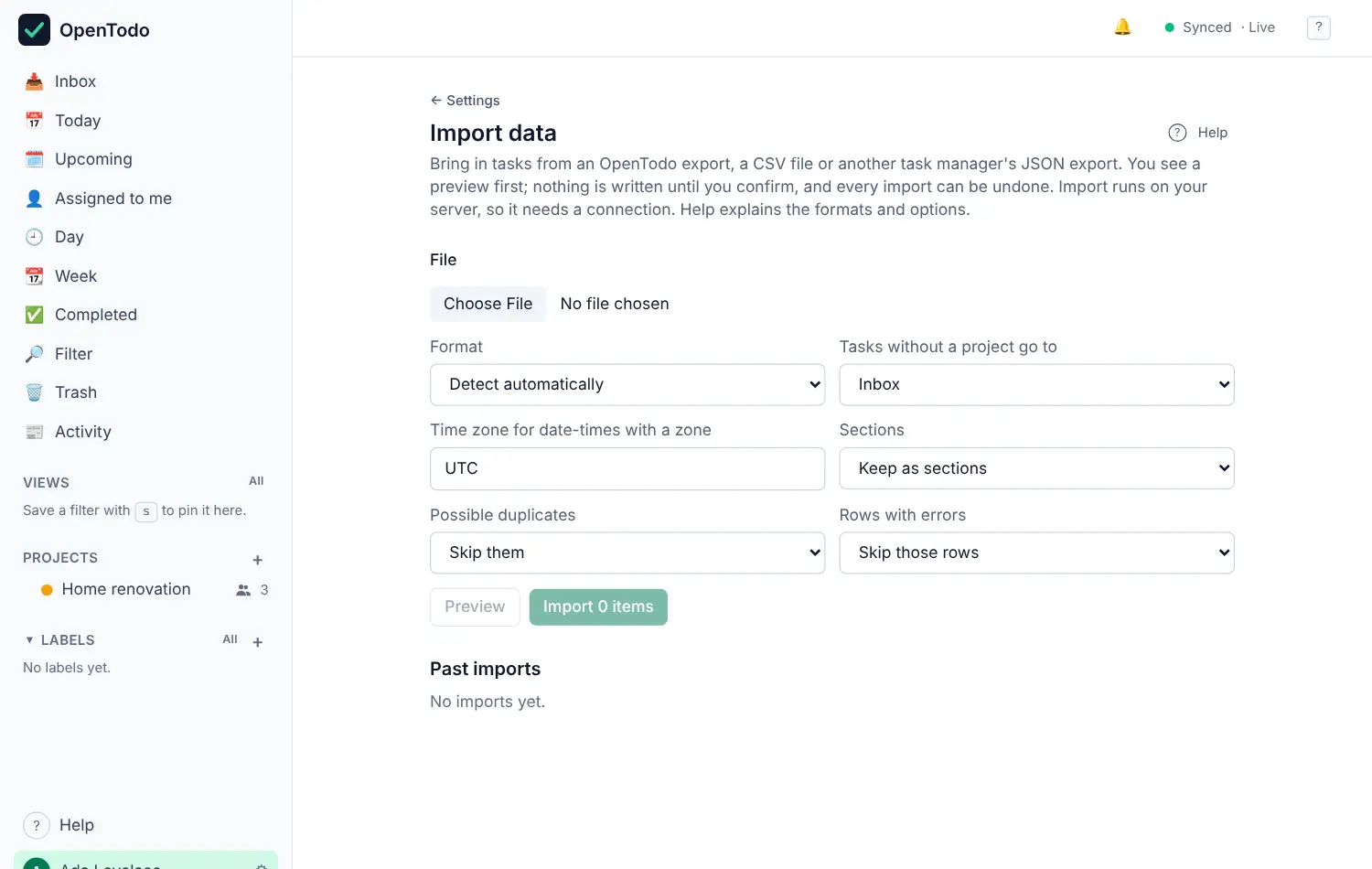 The Import data screen with a file picker and the list of past imports.