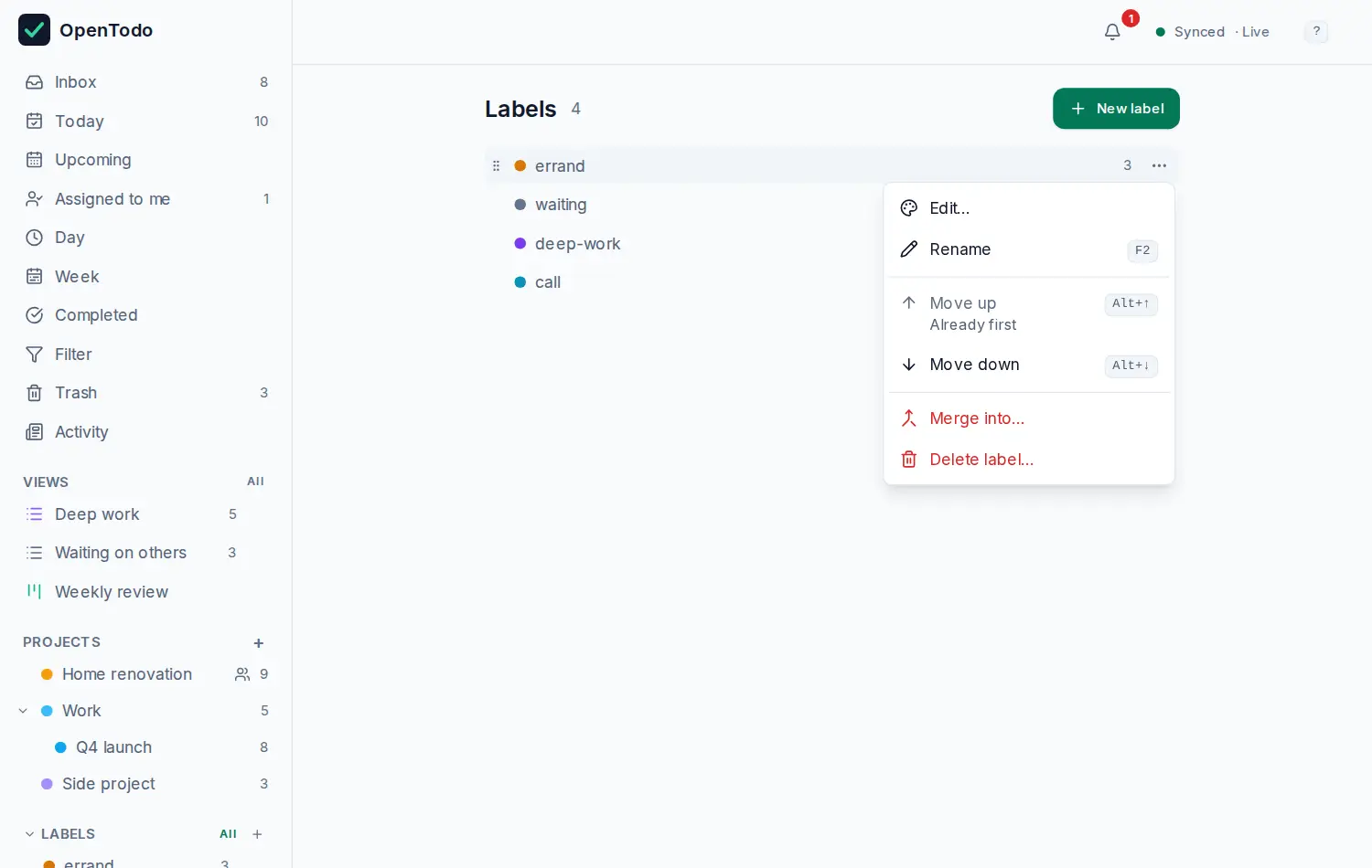 The Labels page with the menu of the errand label open: Edit, Rename, Move up and Move down with their shortcuts, Merge into, and Delete label at the bottom.