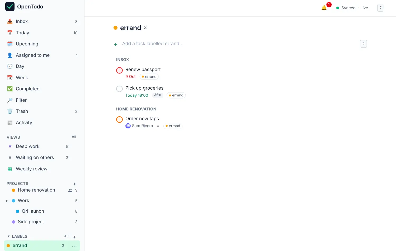 The errand label view listing its tasks grouped by project.