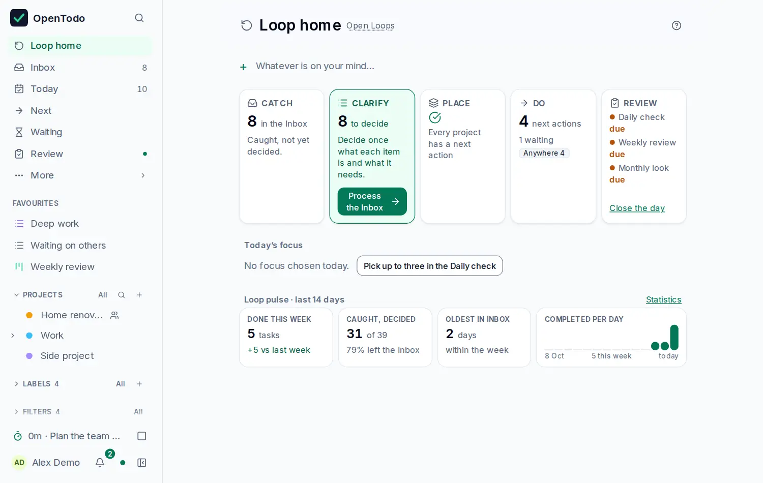 The Loop home in Open Loops first: a capture field, the five moves on one rail with Clarify lit and the only primary button, today's focus with its progress, and the Loop pulse with done this week, caught and decided, the oldest Inbox item and completions per day.