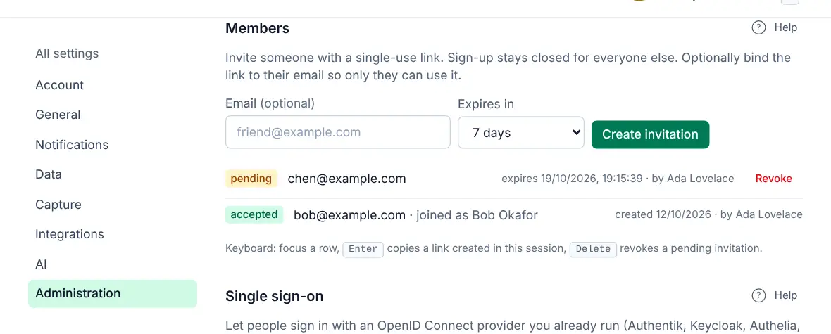 Settings, Members section: an email field, an expiry menu set to 7 days, a Create invitation button, and a list with one pending and one accepted invitation.