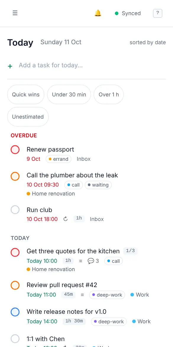 OpenTodo on a phone, showing the Today list full screen.
