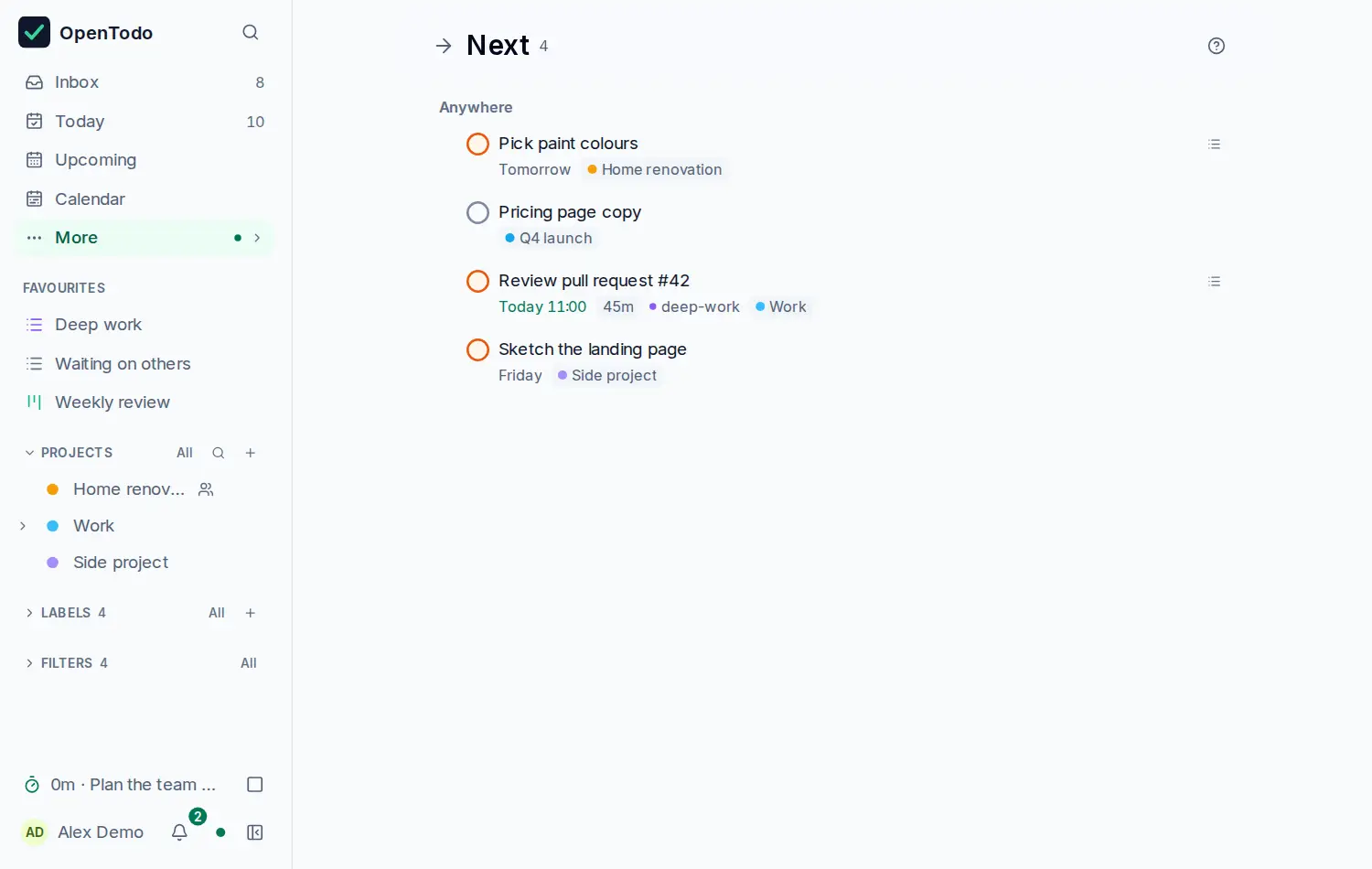 The Next view: the next action of four projects under Anywhere, each with its date and project.