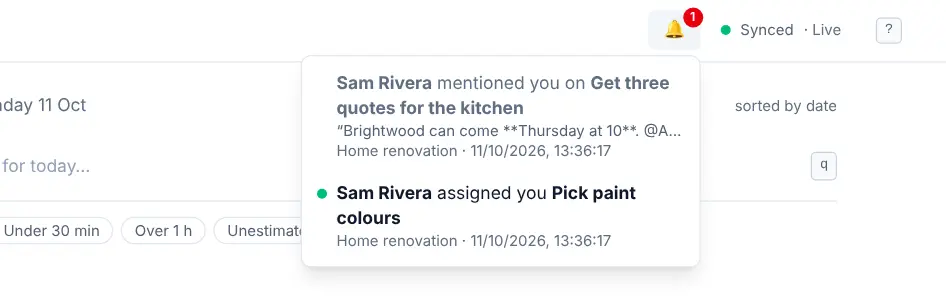 The notifications list open under the bell: Sam Rivera mentioned you on a task, and Sam Rivera assigned you a task.