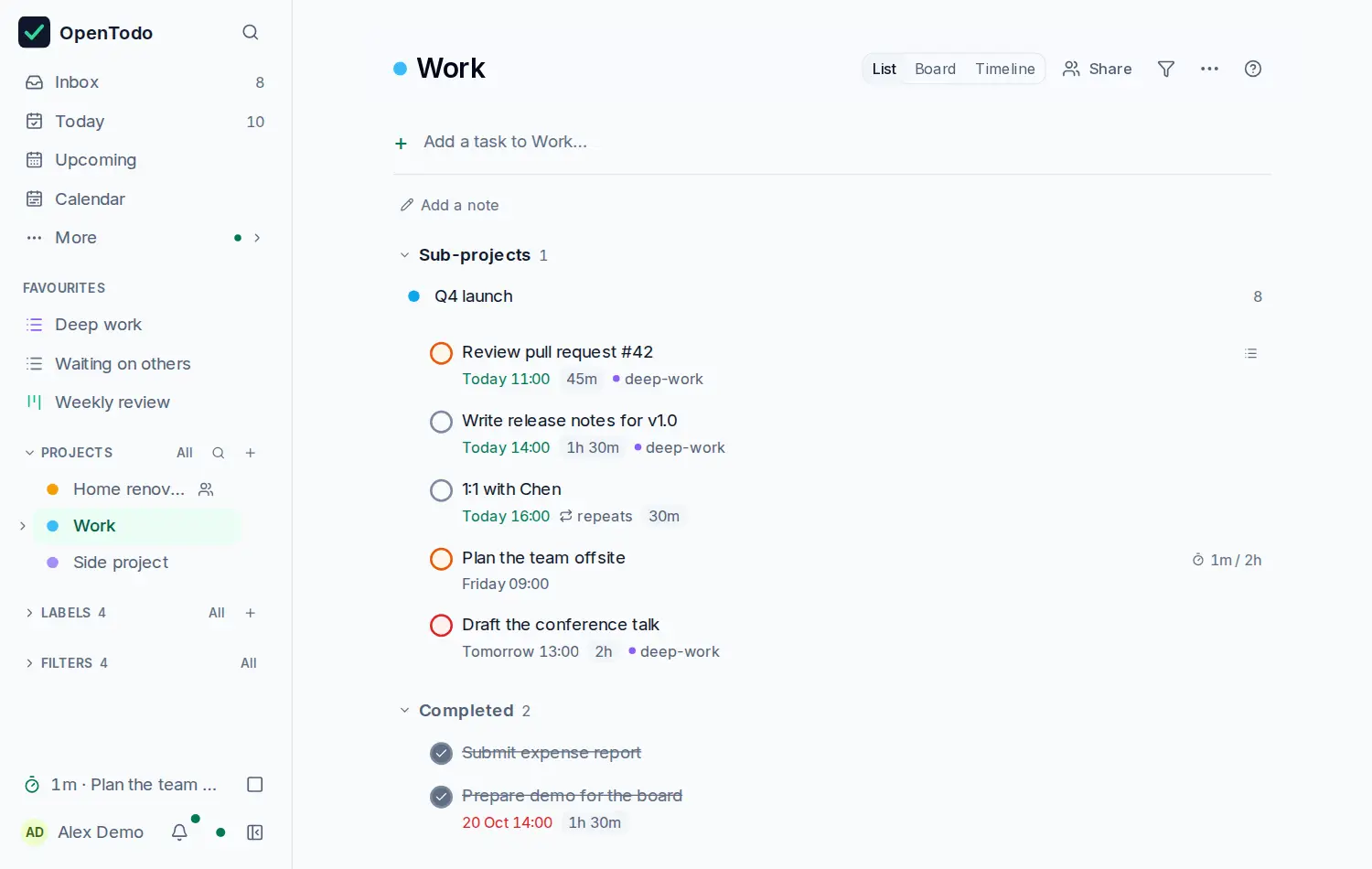 The Work project with its open tasks, then a Completed group at the end of the list, opened, holding two ticked tasks with the newest first.