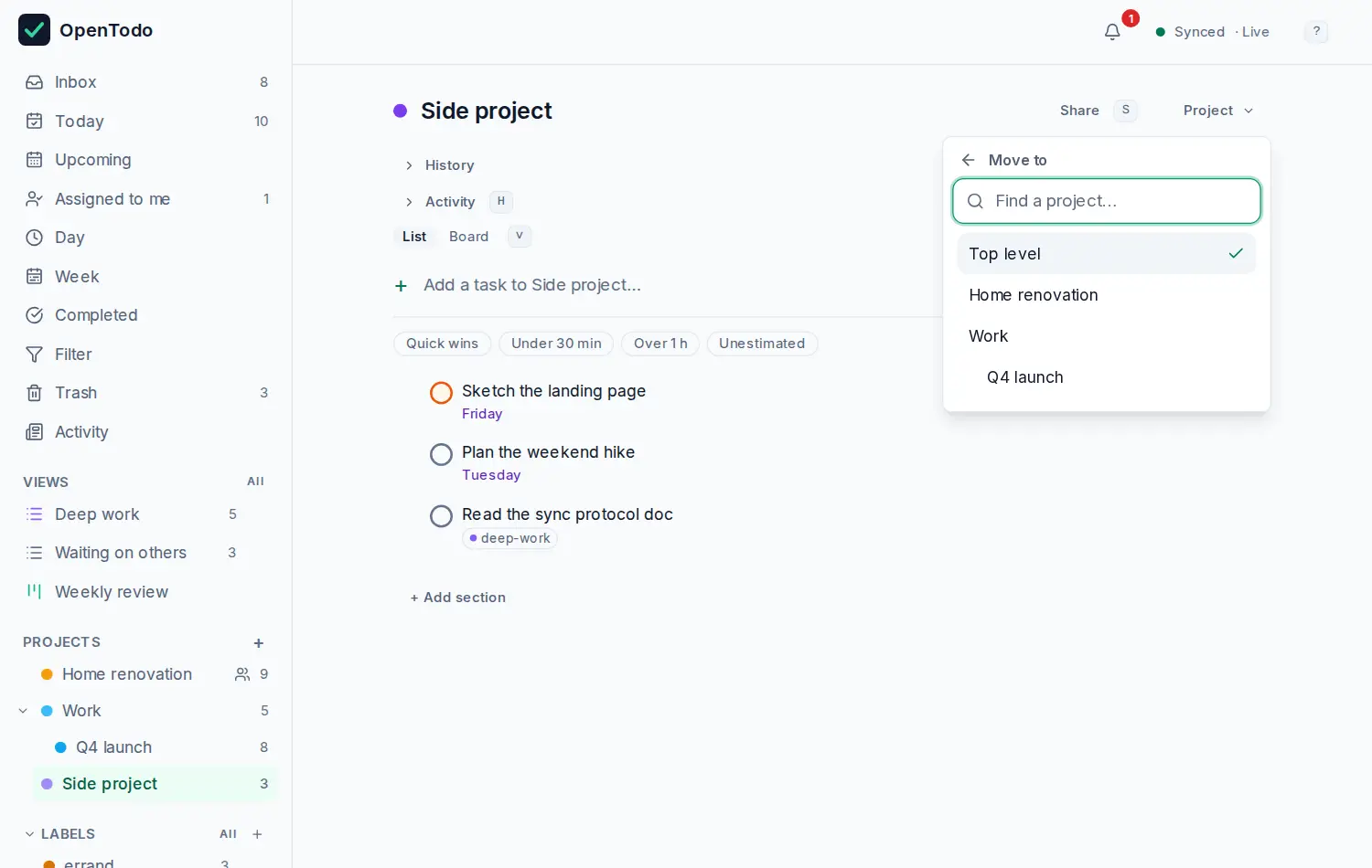 The Move to step of the project menu: a search field above the possible targets, Top level first, each project shown with the projects it sits in.