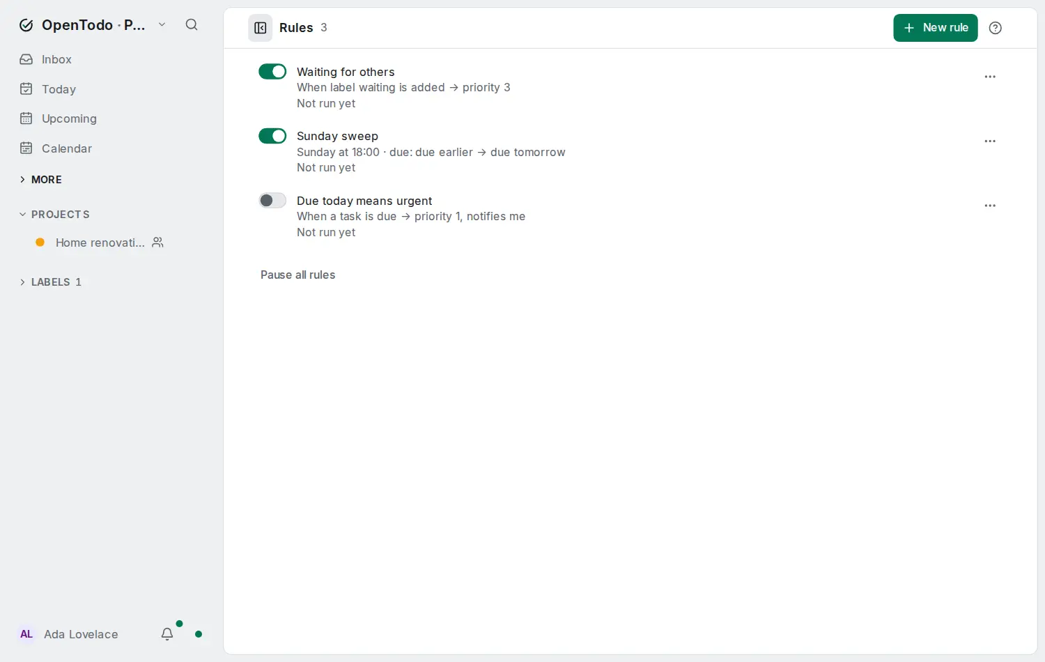 The Rules page with three rules, each with its switch and a one-line summary such as When label waiting is added → priority 3.